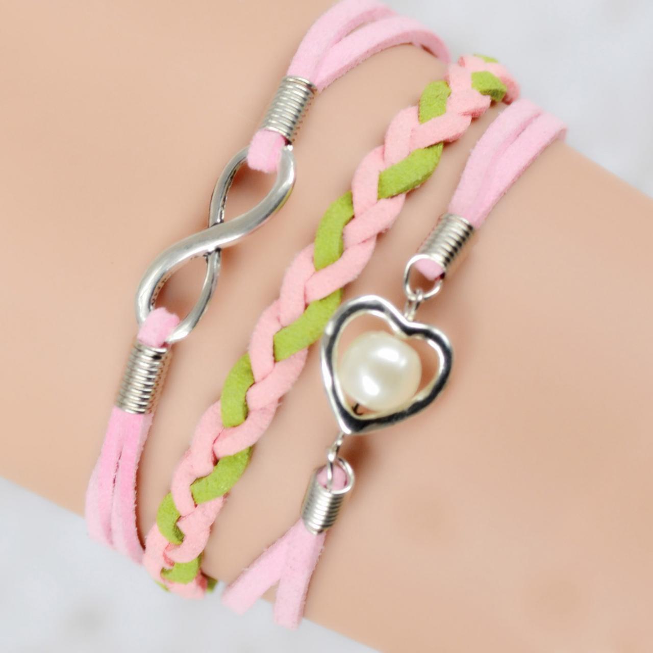 Pink Green Weave Korean Cashmere Infinity Artificial Pearl Pendant Bracelet Ib259
