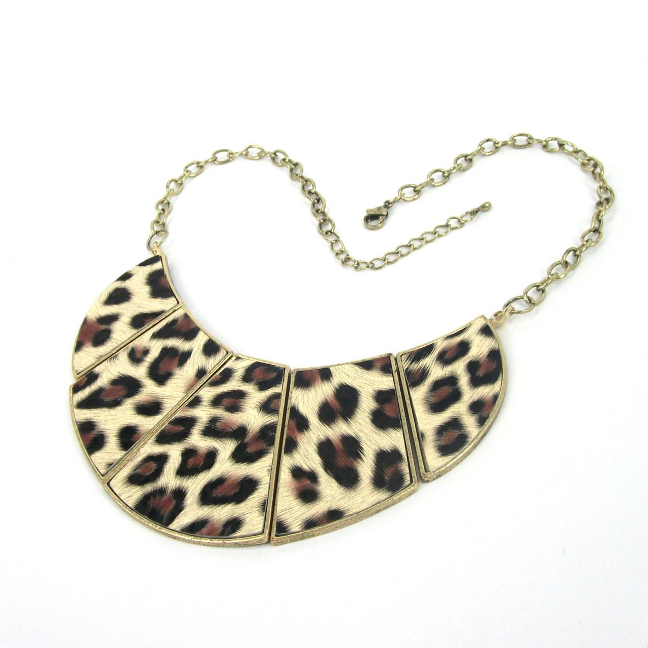 Vintage Gold Leopard Drop Color Choker Bib Link Statement Necklace H4258