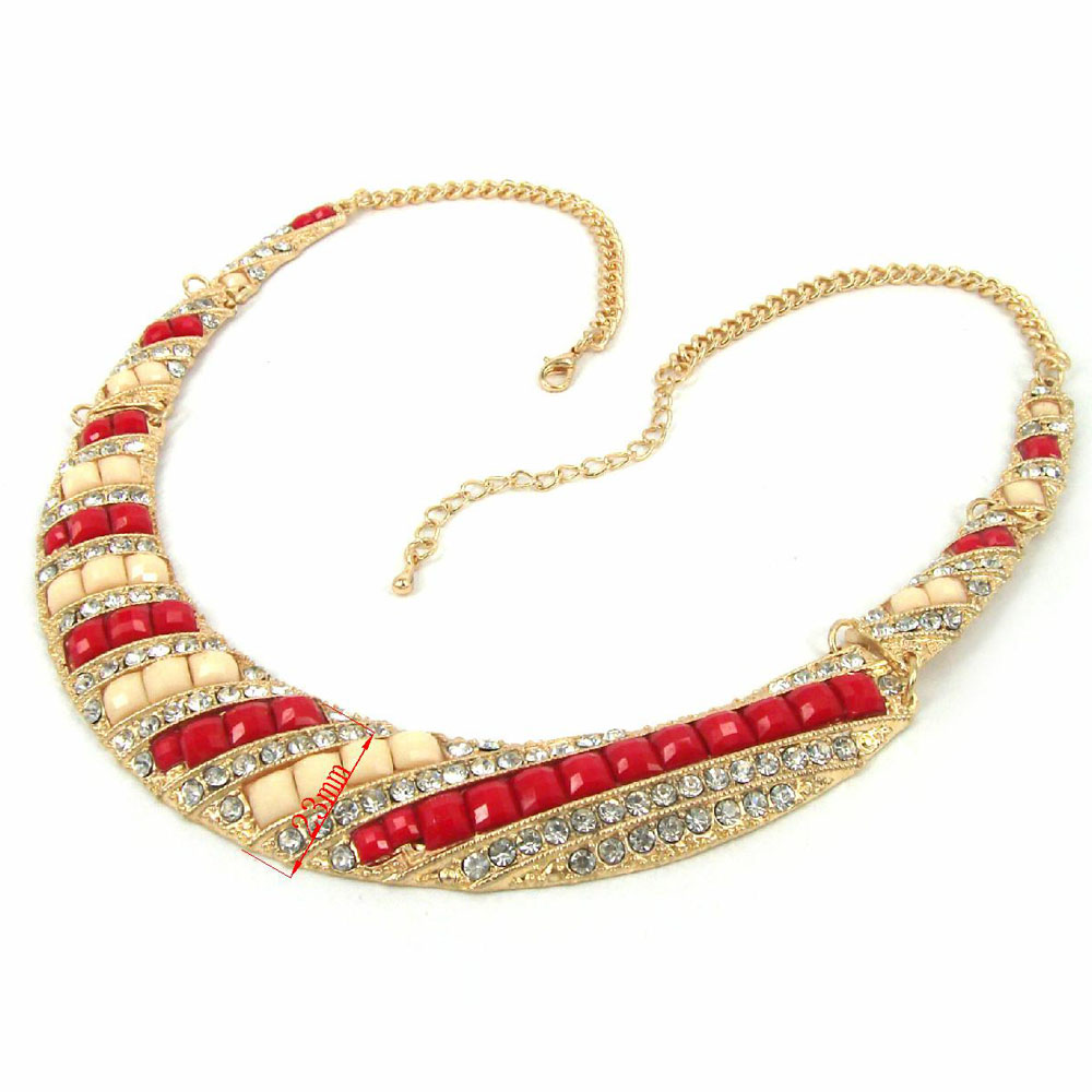 Vintage Gold Ethnic White Red Faceted Acryl Choker Bib Link Statement
