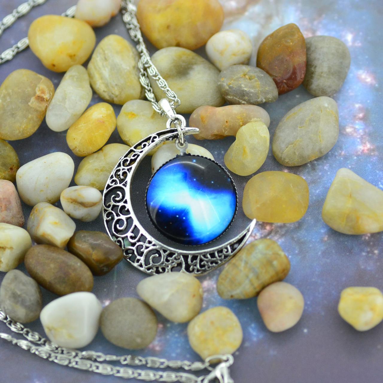 Blue Nebula Galaxy Cabochon Necklace, Bib Necklace, Charm Necklace,moon ...