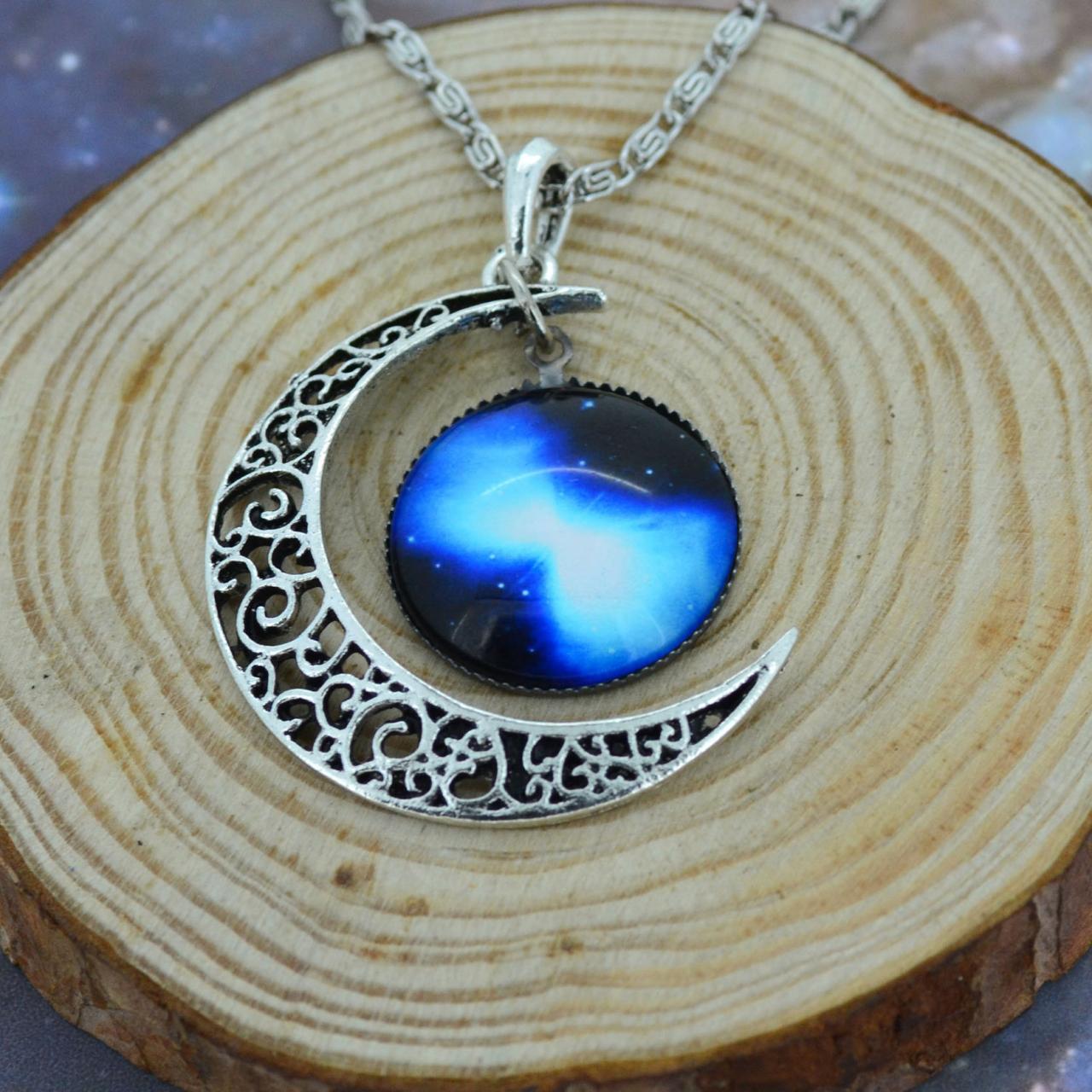 Blue Nebula Galaxy Cabochon Necklace, Bib Necklace, Charm Necklace,moon