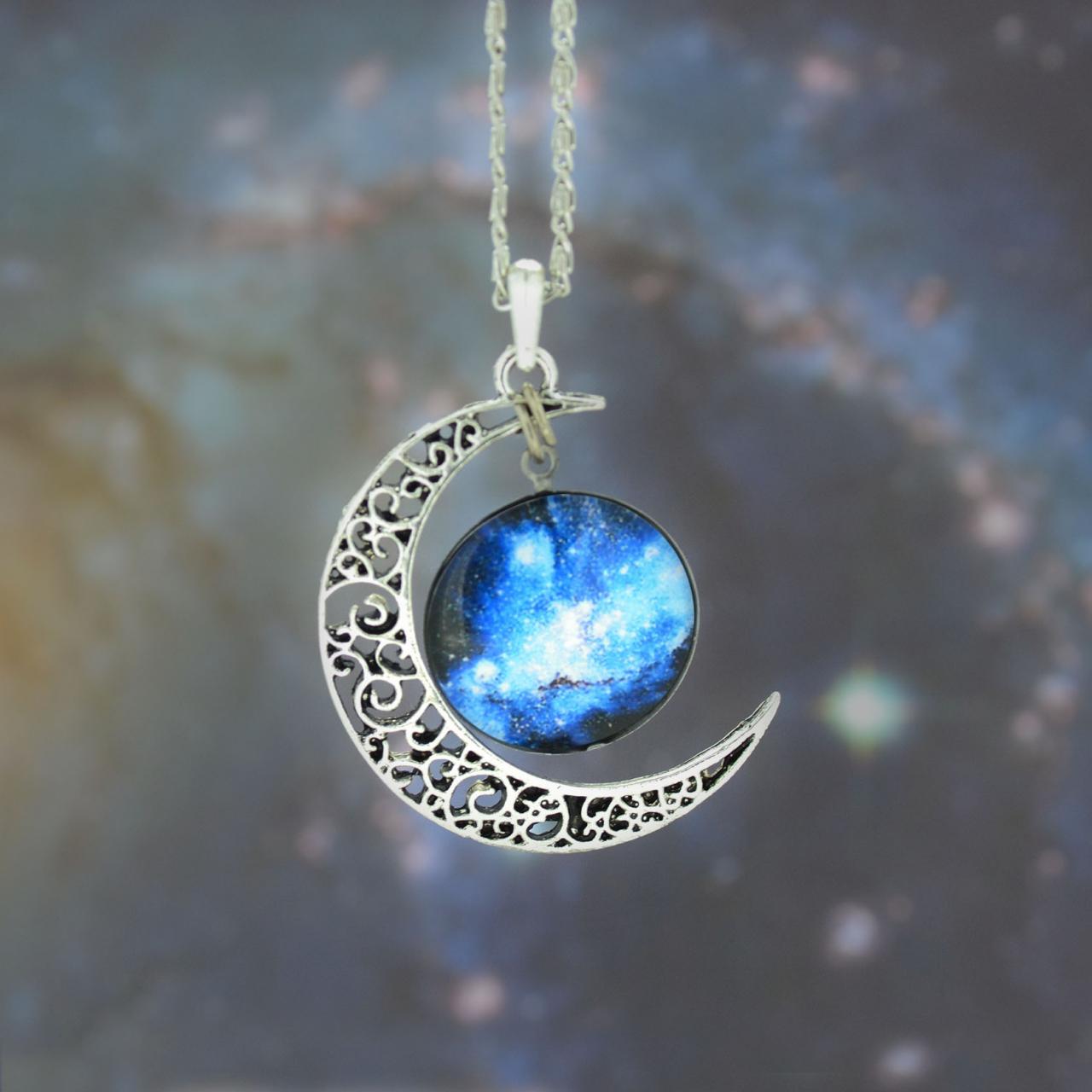 Galaxy Necklace,silver Moon Pendant Necklace,moon Necklace,charm Necklace,bib Necklace,hollow Blue Star Galactic Cosmic Moon Necklace #ib840