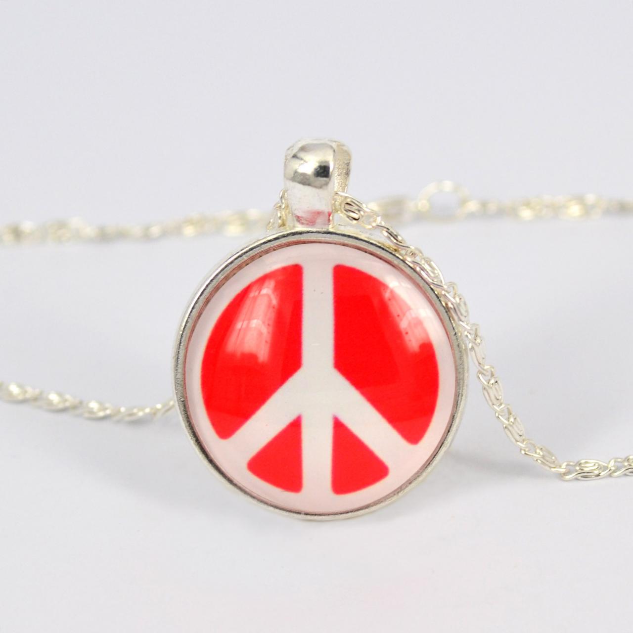 Vintage Red, Peace Sign Pendant Glass Cabochon Necklace,silver Plated, #ib724