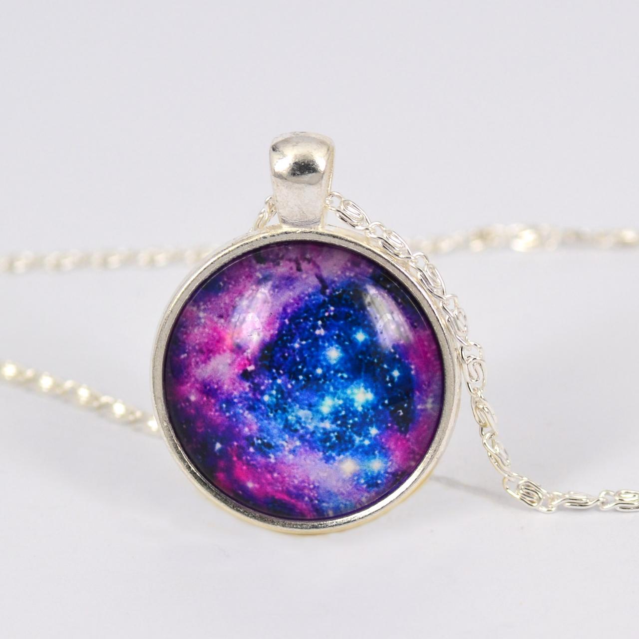 Vintage Purple Milky Way Galaxy Picture Planet Pendant Glass Cabochon Necklace,silver Plated, Gift #ib731