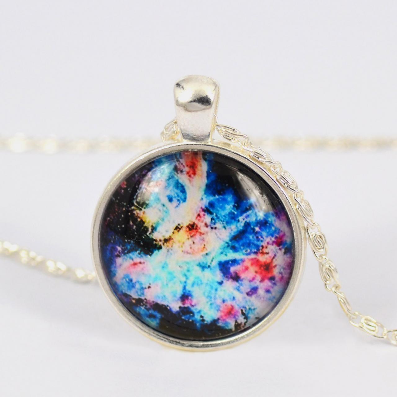 Fantasy Mysterious Universe Figure Pendant Glass Cabochon Necklace,silver Plated, Glass Dome Necklace#ib734