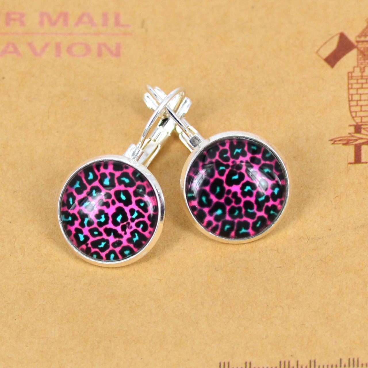 Red Leopard Pictures Silver Plated Pattern Earrings.photo Glass Cabochon French Leverback Dangle Earrings. #ib693