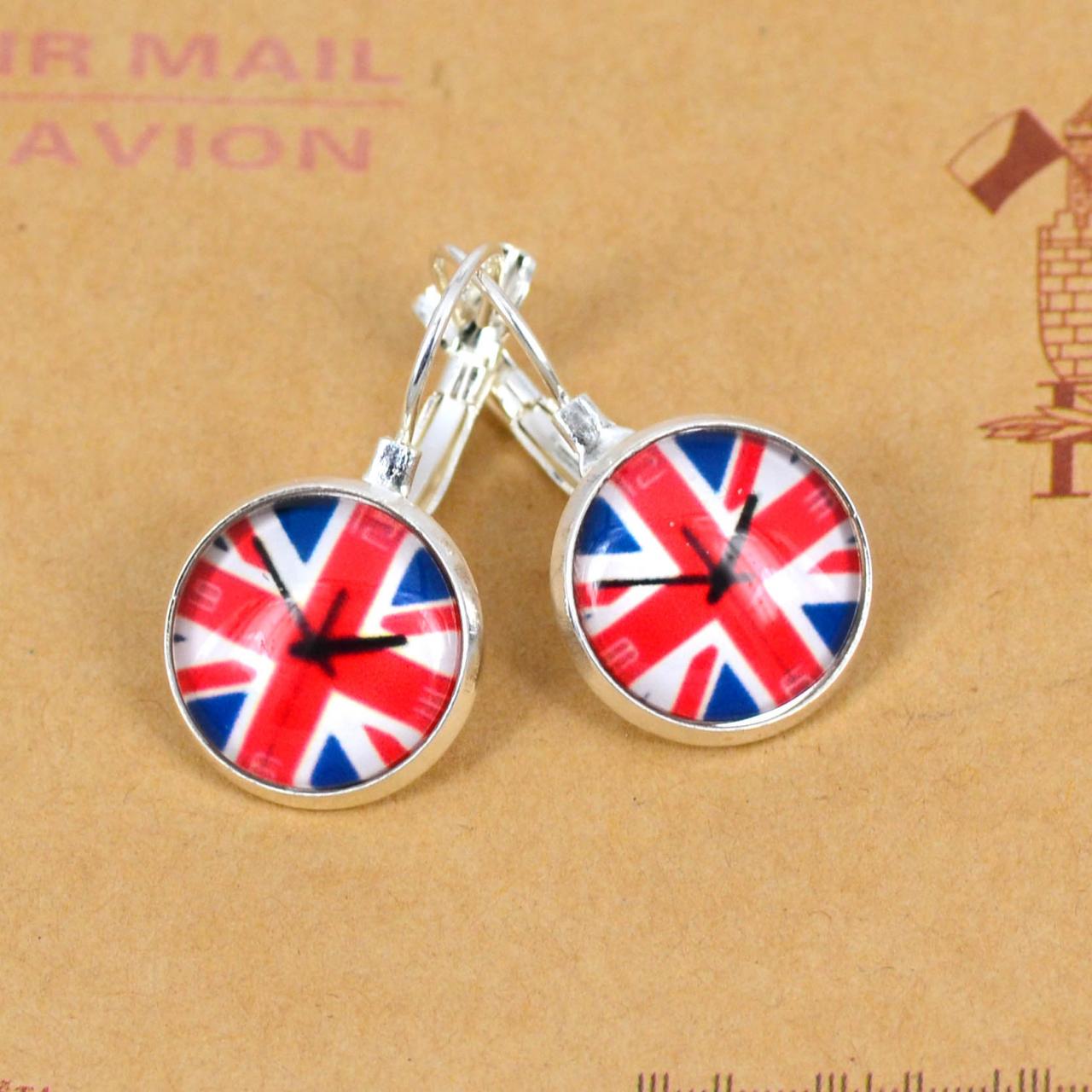 Cabochon Earrings Silver Plated,photo Glass Dome Earrings French Leverback Dangle Earrings,british Flag Clock Photo.#ib690