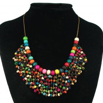Ethnic Copper Chain Fringe Fall Collar Multicolor Wood Beads Necklace ...