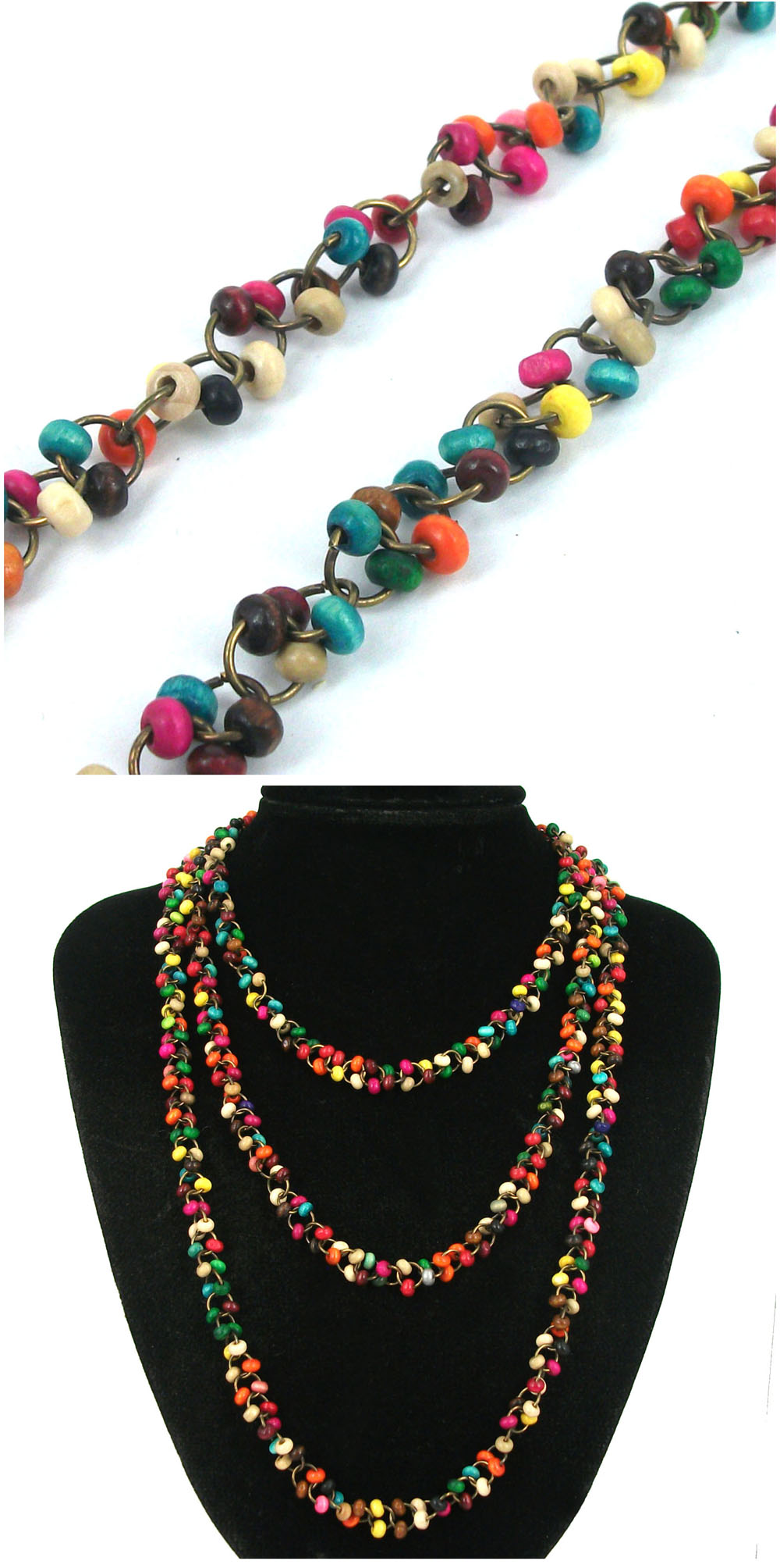 Retro Ethnic Copper Chain Fringe Fall Multicolor Wood Beads Necklace
